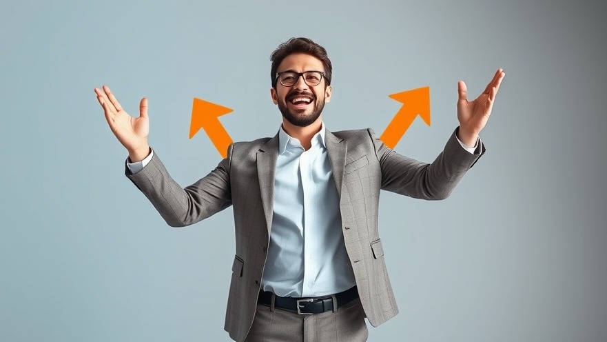 Confident business leader symbolizing entrepreneurial growth with dynamic upward arrows.