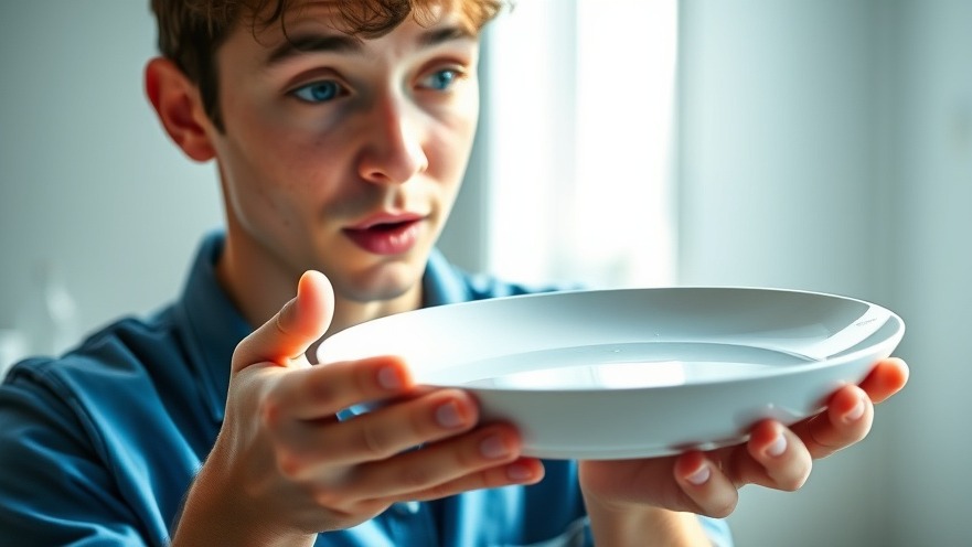 Person amazed by sparkling-clean dish, showcasing effective cleaning products.