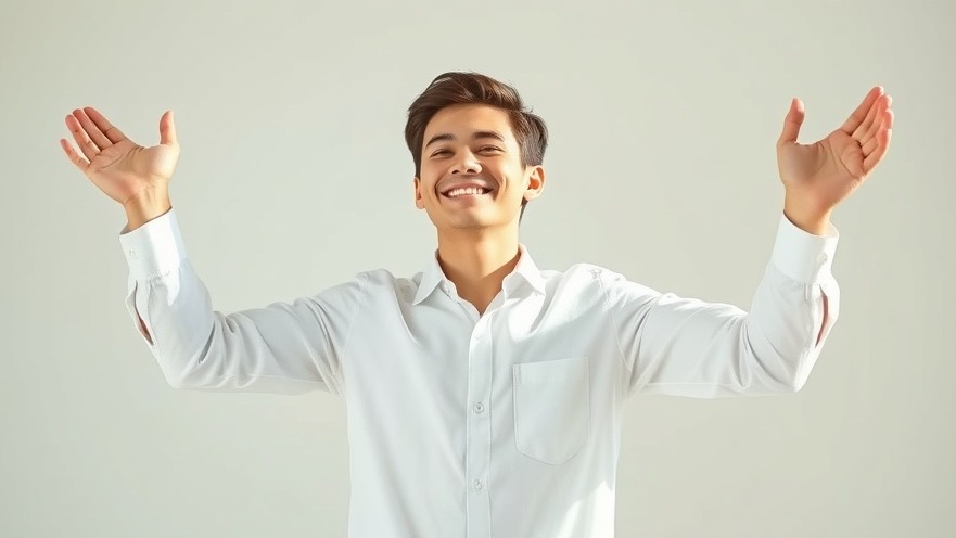 Young homeowner in a white shirt raises arms, showcasing armpit stain-free confidence.