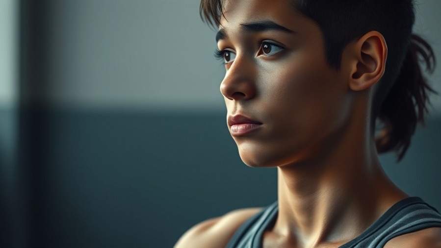 Athletic young person reflecting on muscle development during workout session.