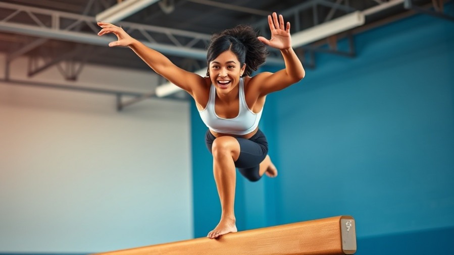 Athletic individual performing acrobatics workout on balance beam, exuding strength and joy.