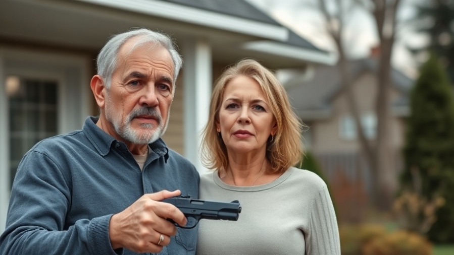 Concerned Minnesotan couple outside home, discussing gun safety measures.