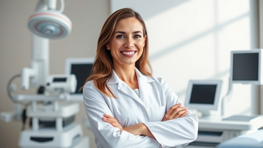 Confident dermatologist in white coat with modern equipment, symbolizing future of dermatology.