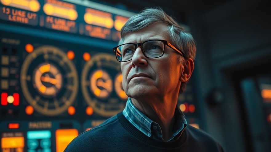 Confident visionary inspired by Bill Gates before a Natrium reactor, symbolizing climate change solutions.