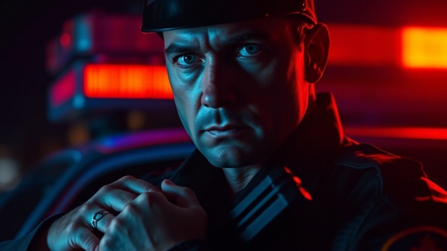 Close-up of a tense police officer under red and blue lights, highlighting restraint in policing.