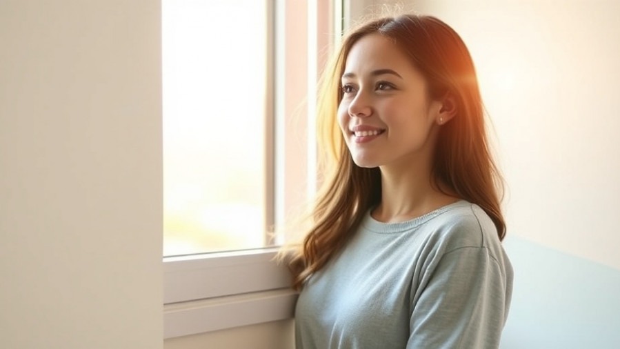 Smiling young woman in casual clothes gazes thoughtfully out a sunlit window, reflecting on the impact of choices.