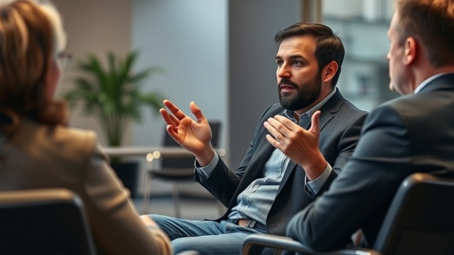 Man in a professional interview discussing workplace burnout and mental health.