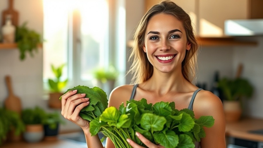 Smiling fit woman with leafy greens, embodying metabolic health and appetite regulation.