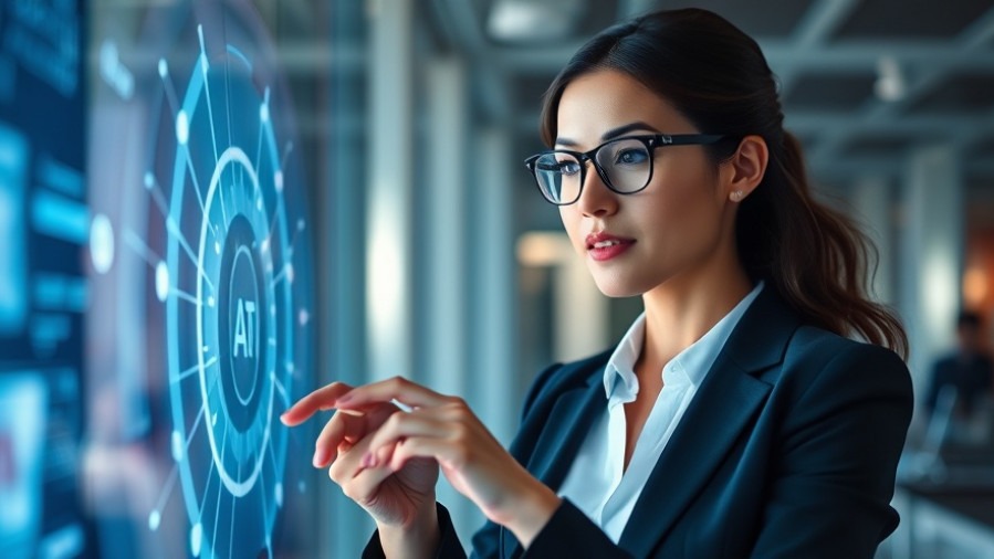 Confident professional woman using AI search optimization with a futuristic interface.