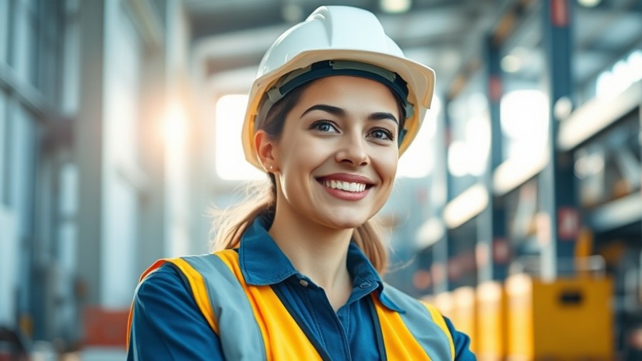 Confident female worker in safety gear, symbolizing sustainable construction innovation.