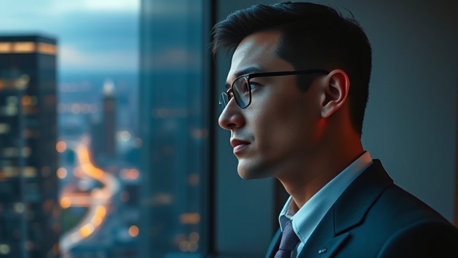 Confident business professional gazes at city lights, embodying adaptability in business.