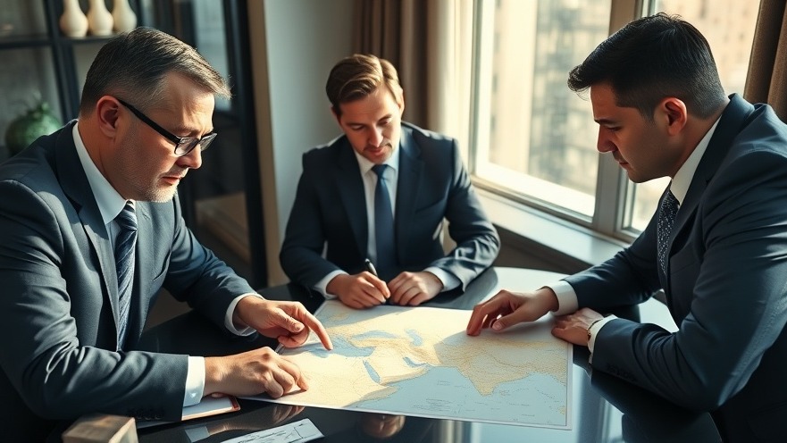 Thoughtful bankers discussing geopolitical risks in a strategy meeting with a map.