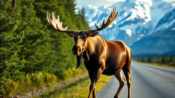 scenic view of alaska Highway with moose crossing 