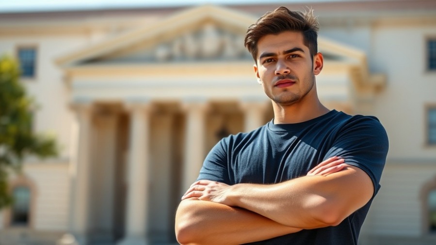 Confident young adult symbolizing personal freedom near a courthouse.