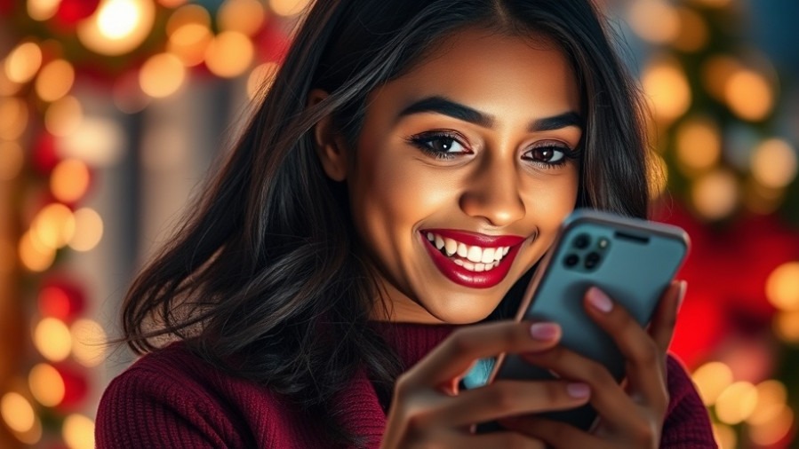 Young woman excited about personalized shopping experience with glowing shopping icons.