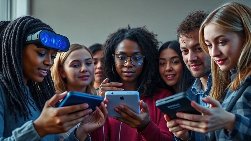 Diverse tech enthusiasts engaging with futuristic AI gadgets, showcasing excitement and curiosity.