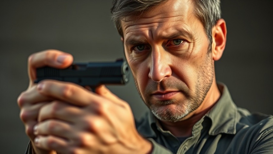 Concerned man inspecting a compact handgun, reflecting Sig P320 controversy.