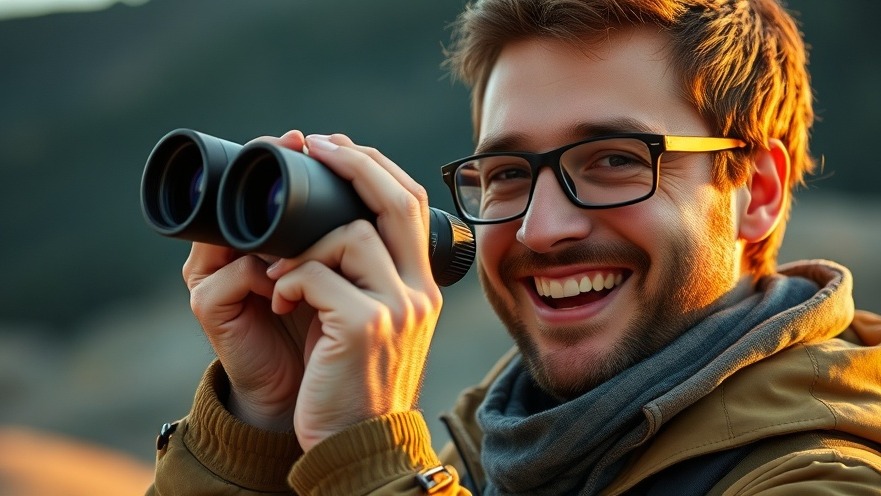 Confident outdoor enthusiast with binoculars, embracing Second Amendment gun rights advocacy.
