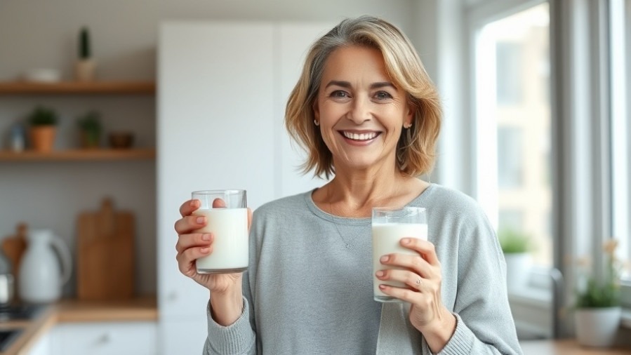Confident woman promotes bone health supplements with a glass of milk.