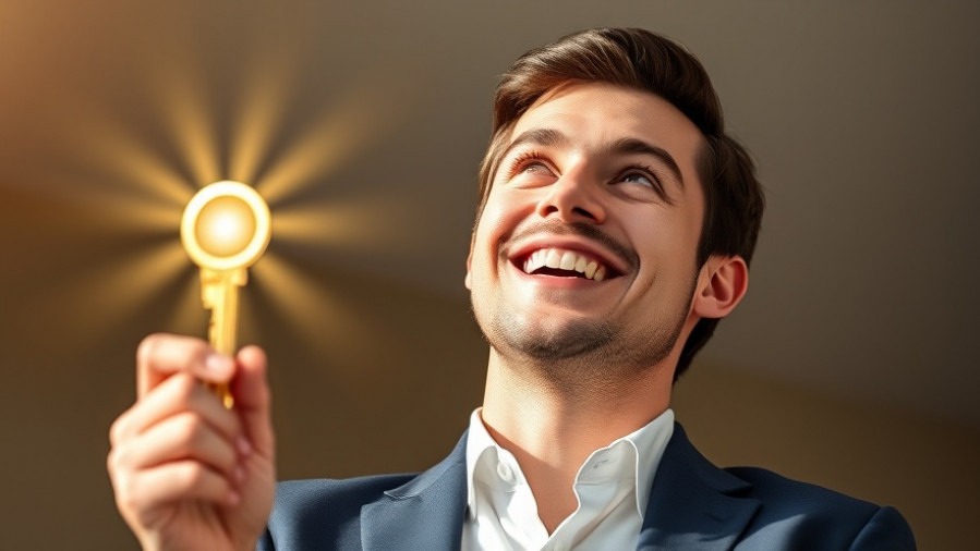 Joyful man with a golden key, symbolizing financial freedom and wealth creation.