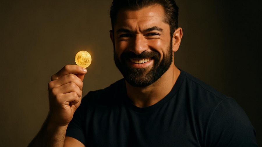 Confident Alex Hormozi smiling, showcasing financial growth strategies with a glowing gold coin.