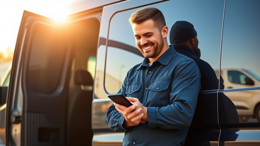 Confident mobile mechanic using smartphone, embodying local SEO for auto repair company.