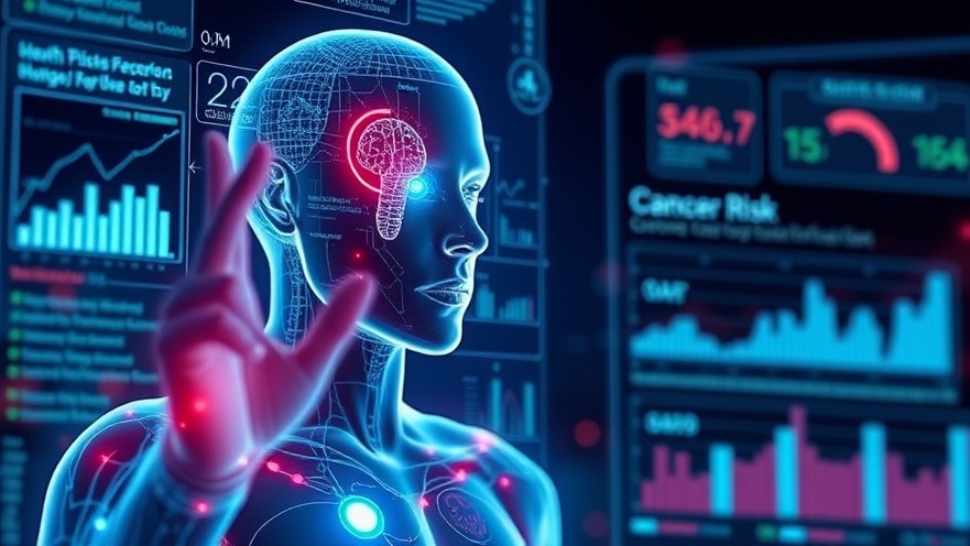Futuristic holographic human figure analyzing cancer risk factors data.