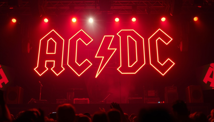 Vibrant AC/DC neon sign in concert setting.