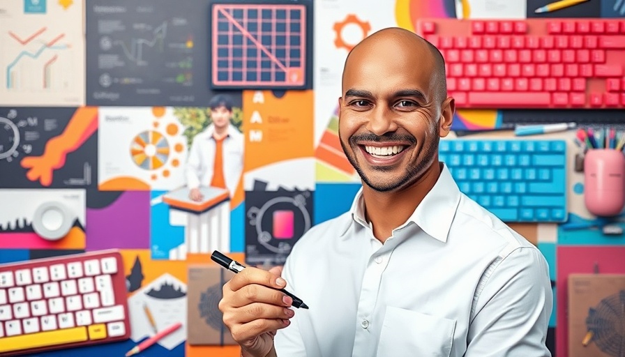 Smiling man with colorful keyboards, representing startup branding strategies.