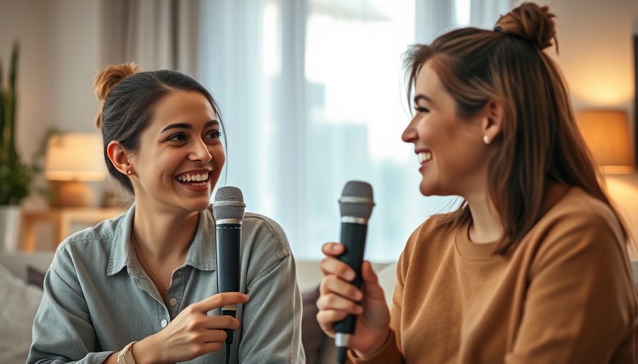 Two people smiling and talking, cozy indoor podcast setting.