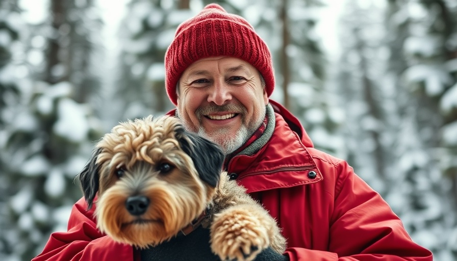 Middle-aged man in red jacket with dog in snowy forest scenery.