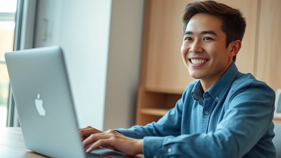 Confident young professional managing automated emails, glowing notifications around them.