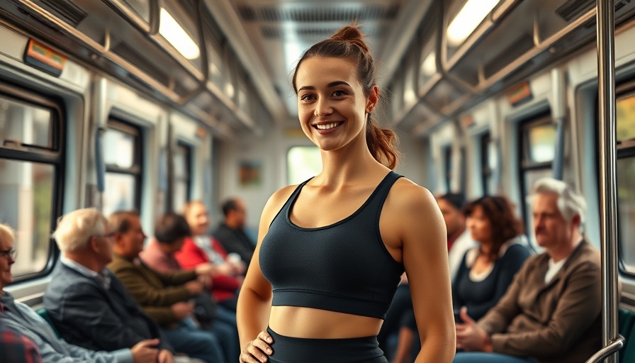 Smiling woman in gym attire shares fitness success story on a train.