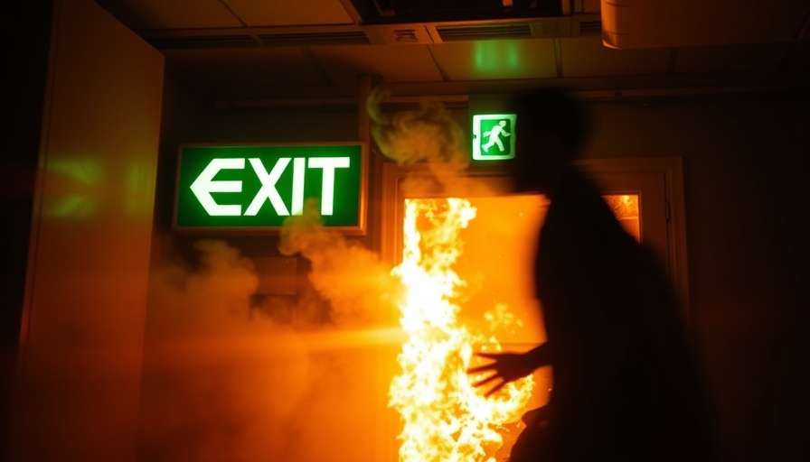 Fire safety scene in an assisted living facility with exit sign and flames.