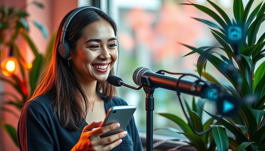 Woman using smartphone microphone in high-tech green studio.