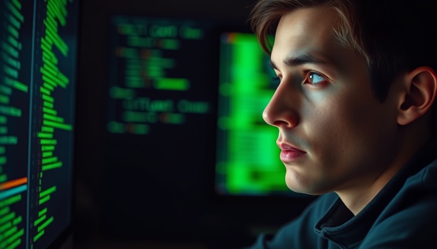 IT career training: Young man's face illuminated by glowing code.