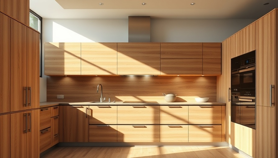 Sleek wooden kitchen cabinets bathed in sunlight.