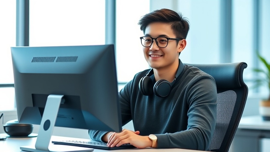 Confident young professional in software development at sleek desk, learning in public.