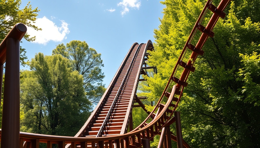 Classic wooden roller coaster ascending on a sunny day with trees.