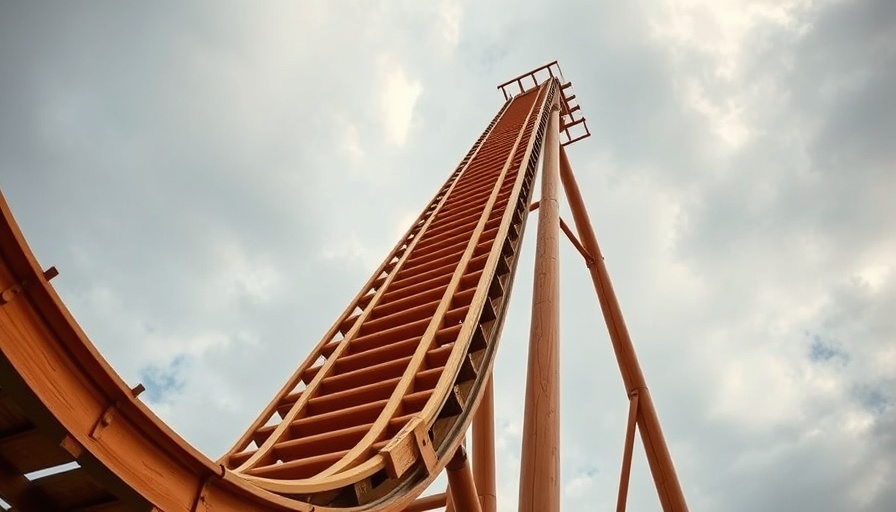 Classic wooden roller coaster in Iowa ascending under a cloudy sky.