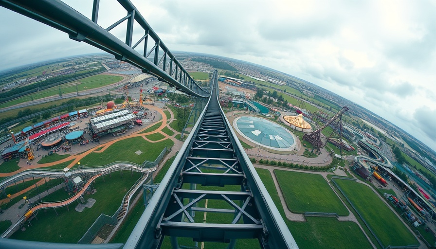 Steel roller coaster at Iowa theme park, aerial view.