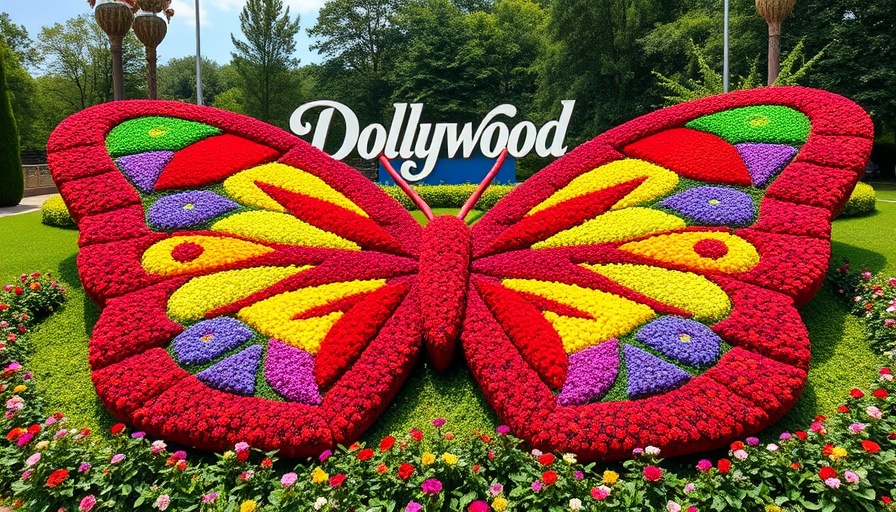 Dollywood sign with vibrant floral butterfly, lush greenery.