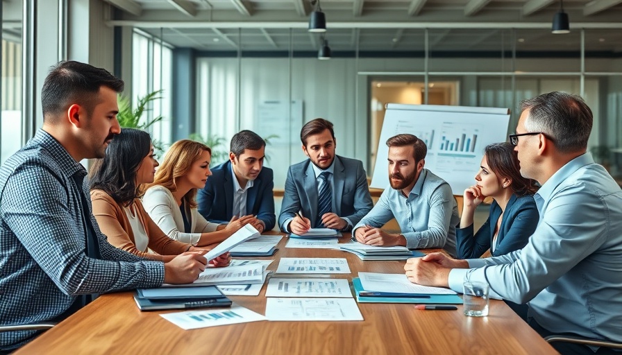 Business professionals strategizing at conference table for operating model.