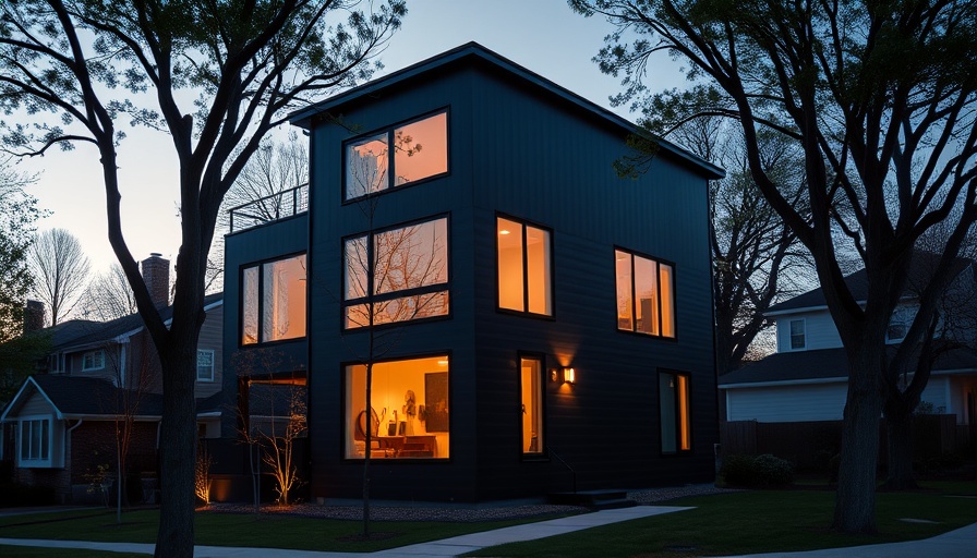 Modern house with clean lines and dry walls illuminated at dusk
