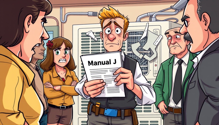 Cartoon showing HVAC dispute with legal themes, customers, and broken AC.
