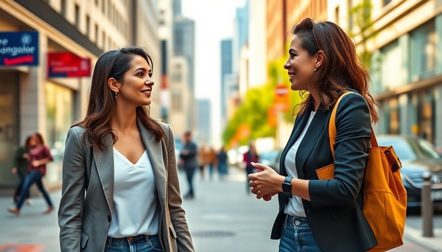 Women discussing fitness on a city street.