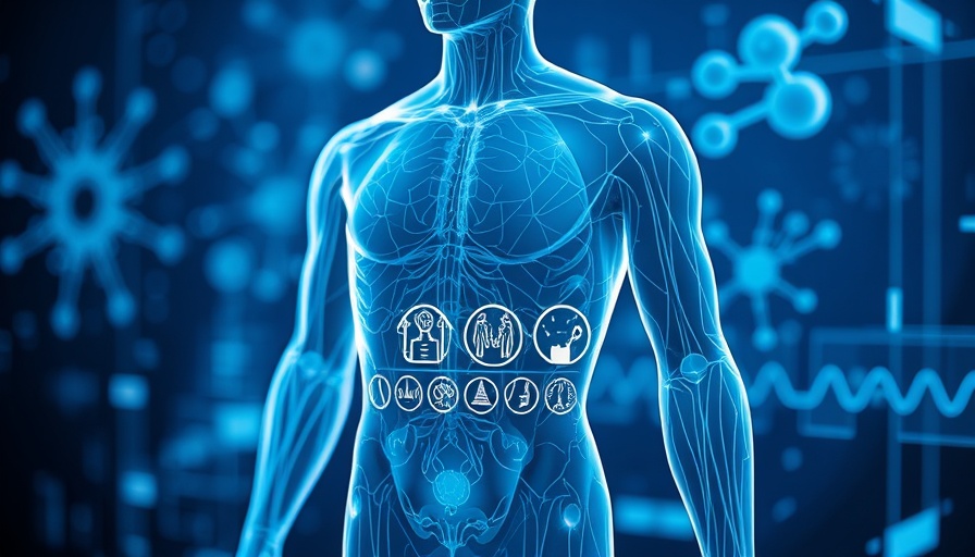 Futuristic holographic human figure analyzing health data, related to cancer risk factors.