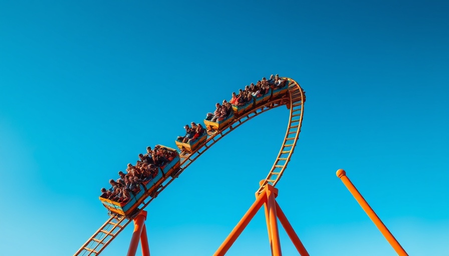 Thrilling roller coaster ride in Japan or Korea, bright blue sky.
