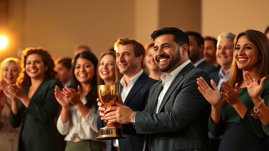 Diverse professionals celebrate sustainability initiatives at an awards ceremony.