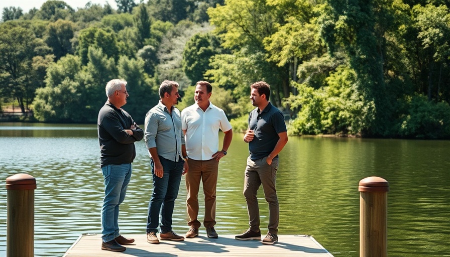 Men discussing community growth by a lake, promoting sustainable agriculture.